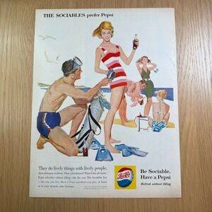 1959 Pepsi-Cola Ad The Sociables Prefer Pepsi Beach Scene Swimsuits Vintage
